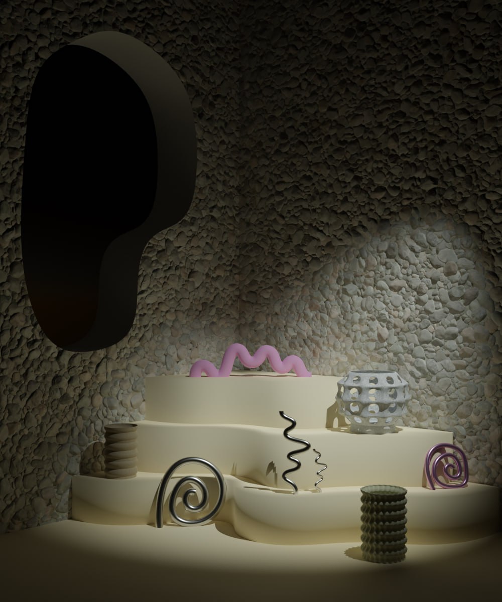 Sculptural display with textured wall